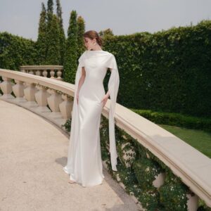 Silk Wedding Dress with Detachable Scarf – Minimalist White Gown, Long Satin Bridal Dress, Elegant Modern Bride Dress