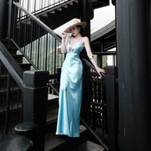 Blue Silk Satin Dress, Deep V Prom Dress, Long A-Line Gown, Bridesmaid Dress, Elegant Wedding Guest Dress, Custom Made Gown