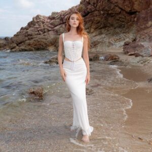 White Silk Corset Maxi Dress Set, Summer Satin Bridal Outfit, Beach Bridesmaid Dress, Elegant A-Line Two Piece Dress for Women