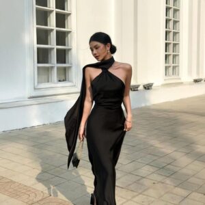 Silk Halter Dress, Long Satin Evening Gown, Formal Wedding Guest Dress, Silk Cocktail Dress, Elegant Bridesmaid Dress