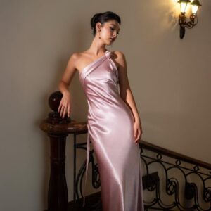One Shoulder Pink Silk Dress Long Silk Charmeuse Gown Bridesmaid Dress Satin Evening Dress Elegant Formal Dress for Women gift for her